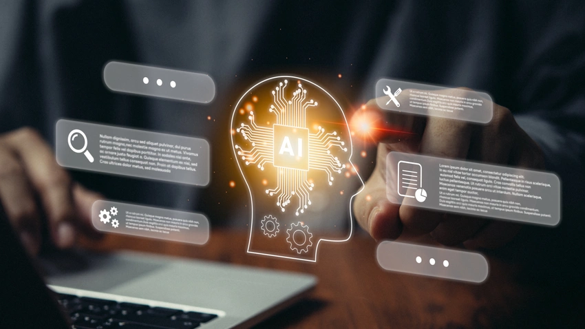 Futuristic digital interface showing an AI-powered head symbol with data and automation icons