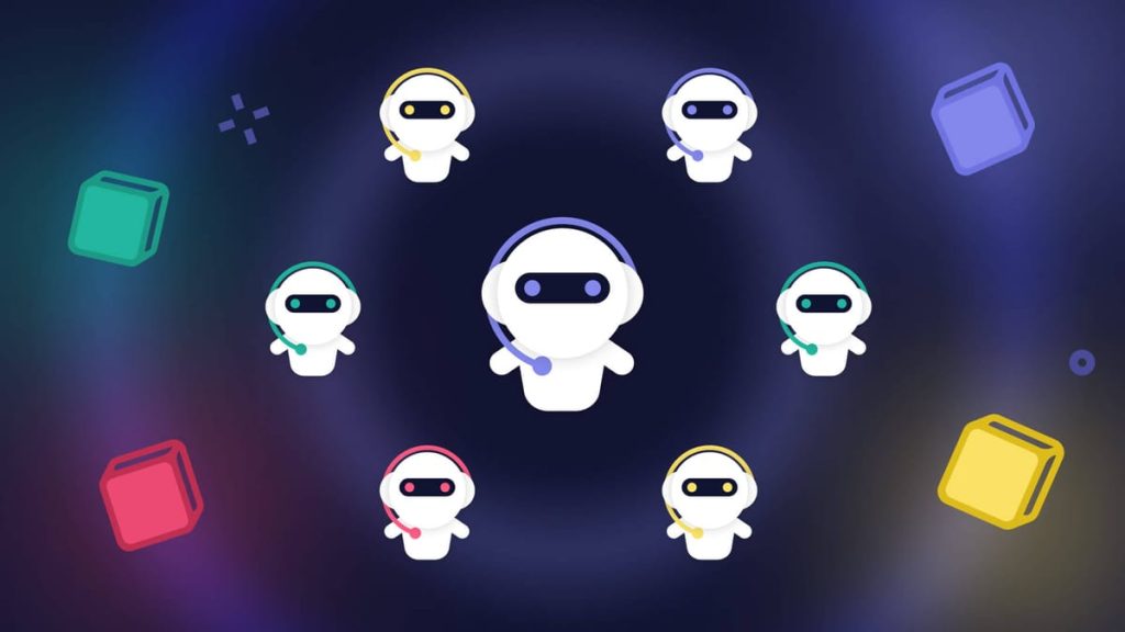 Illustration of multiple AI agents with headsets representing autonomous problem-solving systems in a networked environment